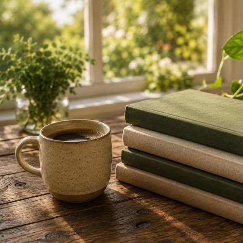 A warm cup of coffee sits beside a stack of hardcover books on a rustic wooden table. Sunlight streams through a nearby window, illuminating green plants and creating a cozy, inviting reading nook.