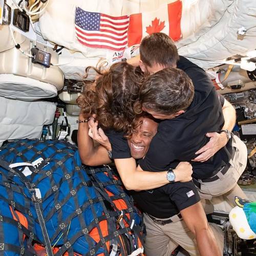 Artemis II crew hug The Artemis II crew shares a group hug the day after their flyby of the Moon. The crew said in one interview that the thing they will miss most about their time in space is each other. They had been training together for their mission for the past three years.Image: NASA