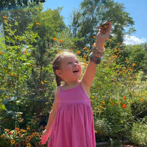 A smiling young child in a pink dress stands in a flower-filled garden, reaching up to gently hold a monarch butterfly on her raised hand.