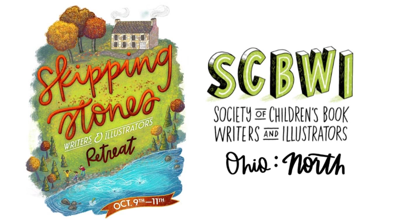 Graphic for the Skipping Stones Writers & Illustrators Retreat, taking place October 9–11. The left side features a whimsical illustrated landscape with a cozy cottage, colorful autumn trees, a winding path, and a blue river. The retreat name, "Skipping Stones Writers & Illustrators Retreat," is written in large decorative lettering over the landscape, with a banner at the bottom displaying the dates "Oct. 9th–11th." On the right is the green and black logo for SCBWI (Society of Children's Book Writers and Illustrators), with "Ohio: North" written below in script. The background is white.